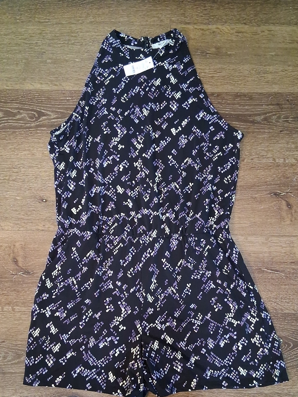 White House Black Market Black High-Neck Romper with Lilac Snakeskin Print NWT L